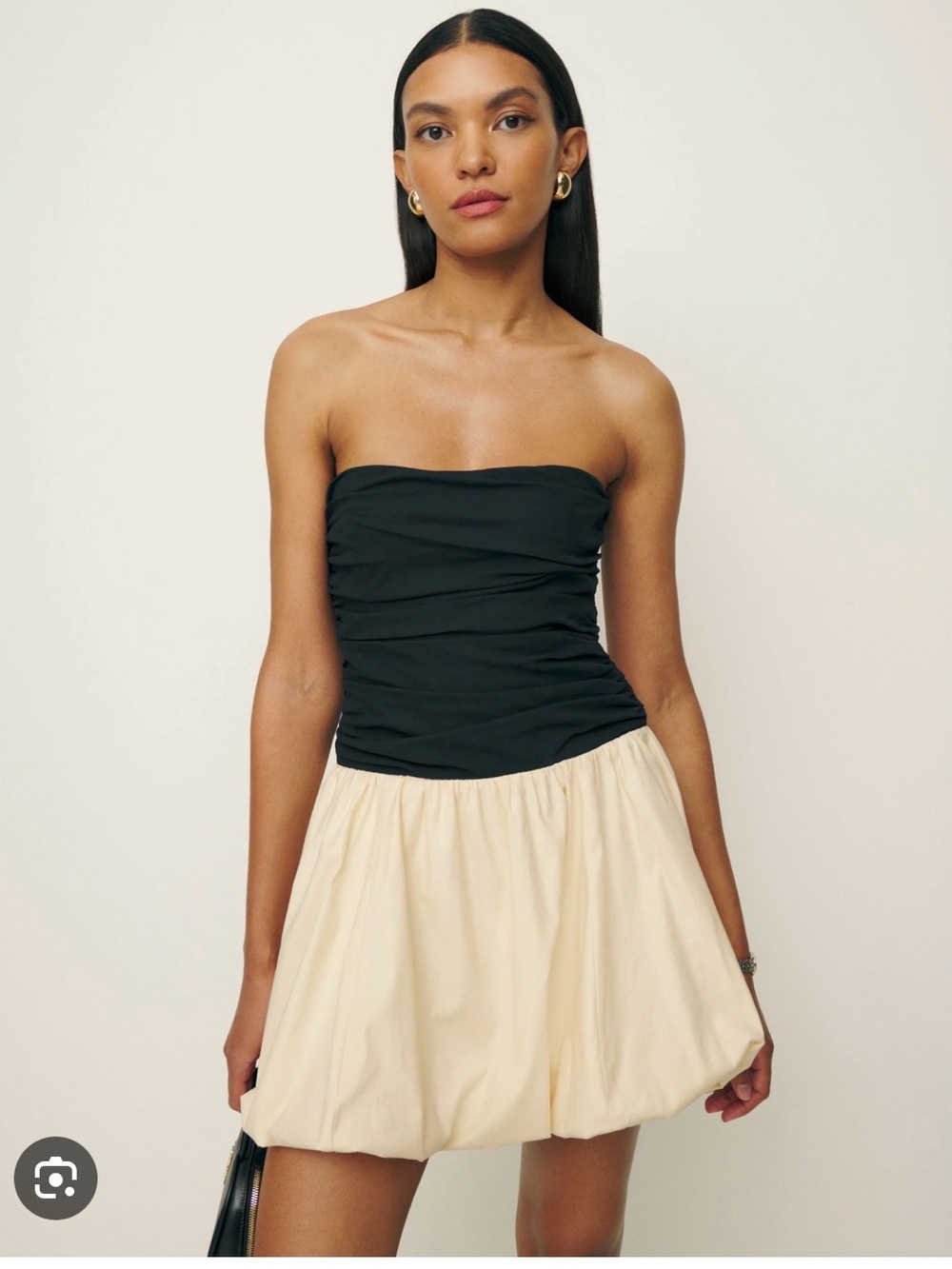 Reformation Strapless Black Ruched Bodice with Cream Bubble Skirt
